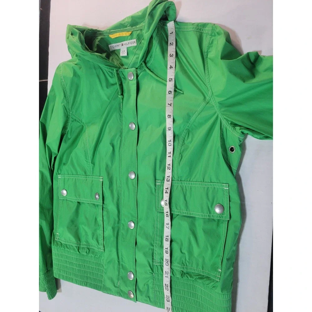 Vtg‎ Tommy Hilfiger Green Hooded Windbreaker Jacket Size L Full Zip Snap Front